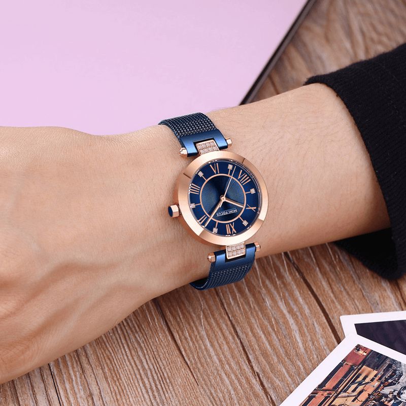 Casual Rome Number Design Étanche Mesh Steel Quartz Montre Montre Pour Femme