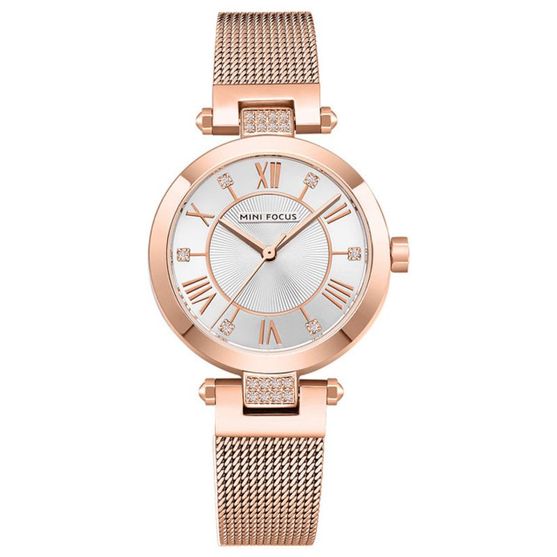 Casual Rome Number Design Étanche Mesh Steel Quartz Montre Montre Pour Femme