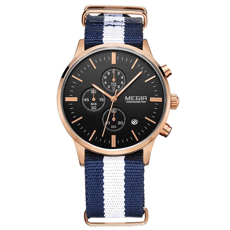 Casual Sports Multifonction Avec Calendrier Chronographe Tissu Bracelet Étanche Hommes Montre À Quartz