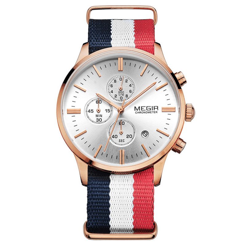 Casual Sports Multifonction Avec Calendrier Chronographe Tissu Bracelet Étanche Hommes Montre À Quartz