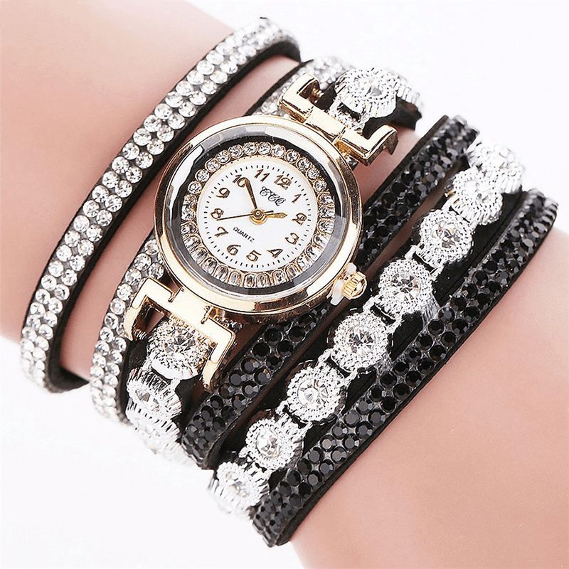 Ccq Mode Luxe Strass Pu Cuir Bande Femmes Quartz Bracelet Montre