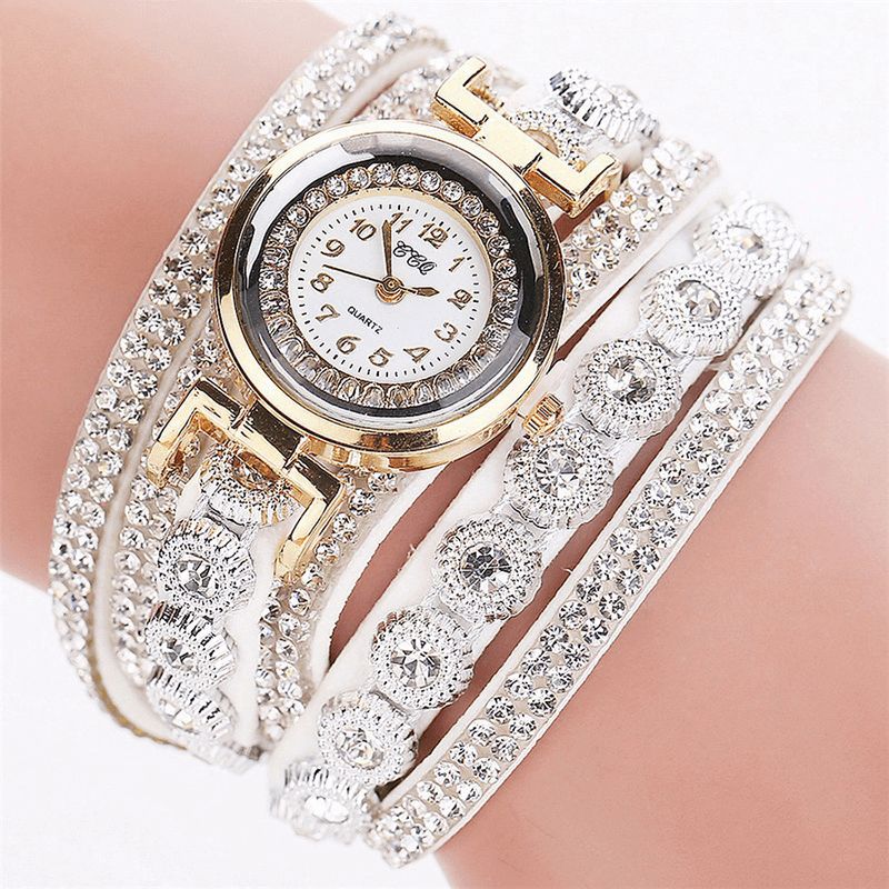 Ccq Mode Luxe Strass Pu Cuir Bande Femmes Quartz Bracelet Montre