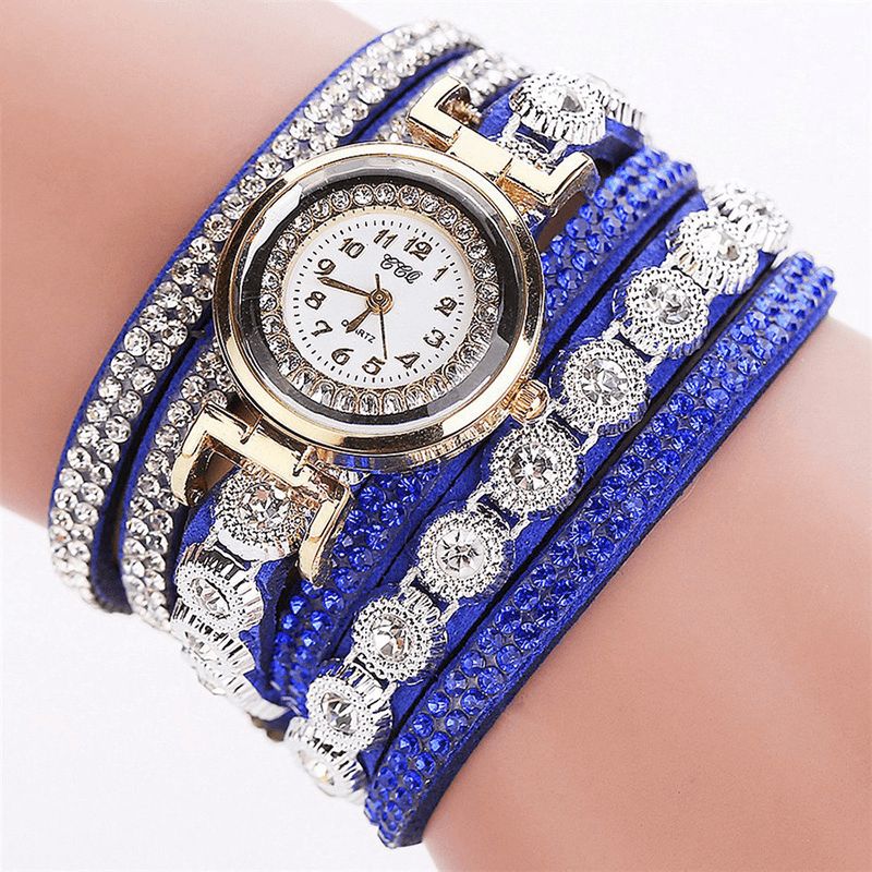 Ccq Mode Luxe Strass Pu Cuir Bande Femmes Quartz Bracelet Montre