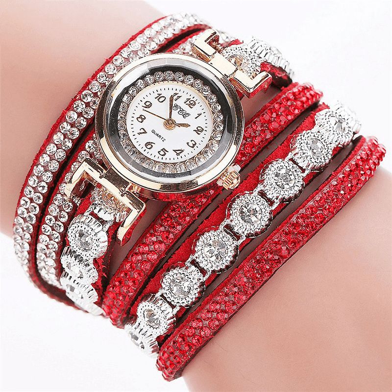 Ccq Mode Luxe Strass Pu Cuir Bande Femmes Quartz Bracelet Montre