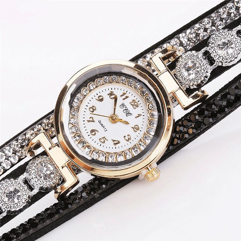 Ccq Mode Luxe Strass Pu Cuir Bande Femmes Quartz Bracelet Montre