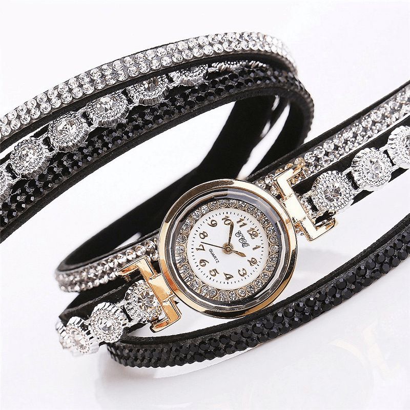 Ccq Mode Luxe Strass Pu Cuir Bande Femmes Quartz Bracelet Montre