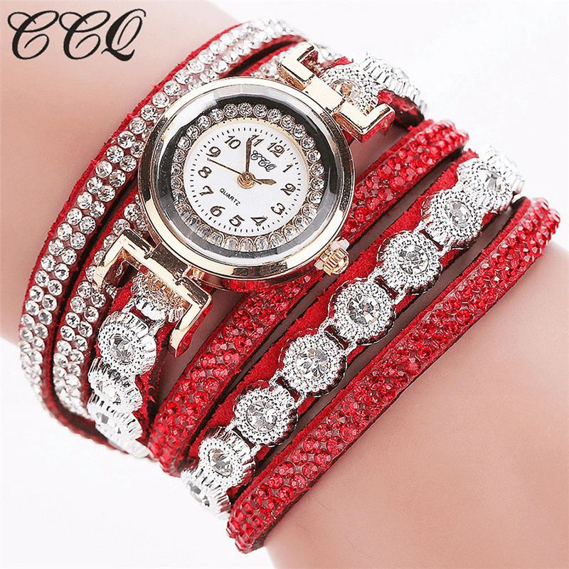 Ccq Mode Luxe Strass Pu Cuir Bande Femmes Quartz Bracelet Montre