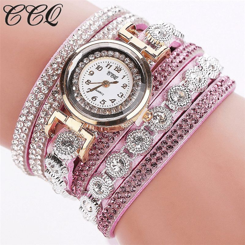 Ccq Mode Luxe Strass Pu Cuir Bande Femmes Quartz Bracelet Montre