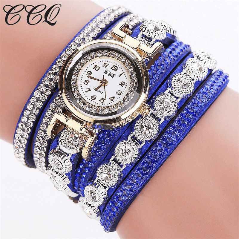 Ccq Mode Luxe Strass Pu Cuir Bande Femmes Quartz Bracelet Montre