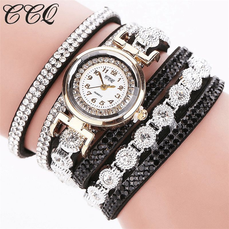 Ccq Mode Luxe Strass Pu Cuir Bande Femmes Quartz Bracelet Montre