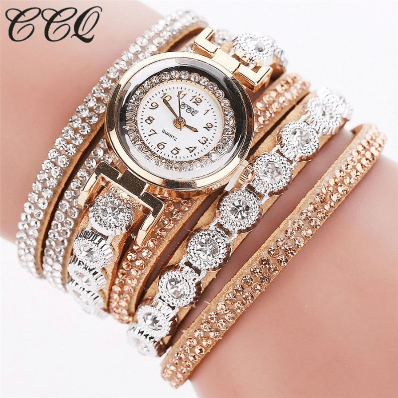 Ccq Mode Luxe Strass Pu Cuir Bande Femmes Quartz Bracelet Montre