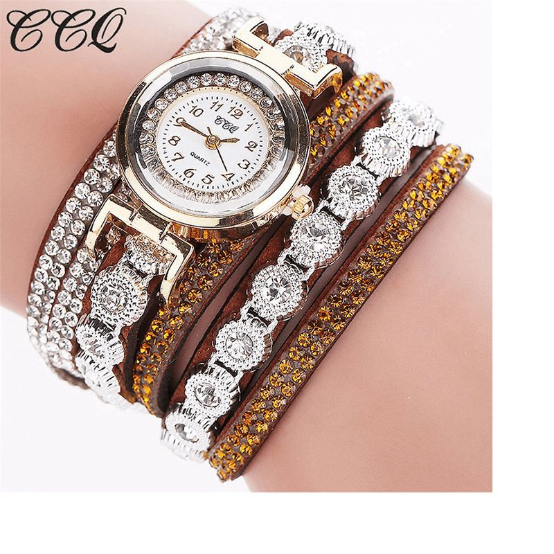 Ccq Mode Luxe Strass Pu Cuir Bande Femmes Quartz Bracelet Montre