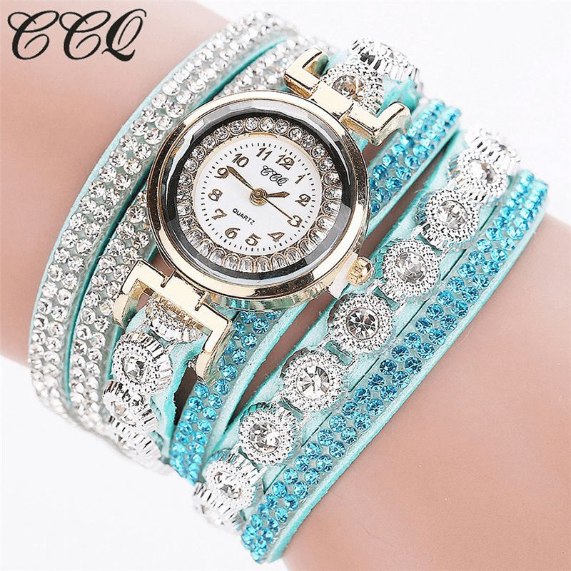 Ccq Mode Luxe Strass Pu Cuir Bande Femmes Quartz Bracelet Montre