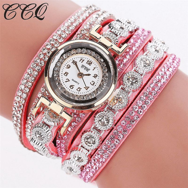 Ccq Mode Luxe Strass Pu Cuir Bande Femmes Quartz Bracelet Montre