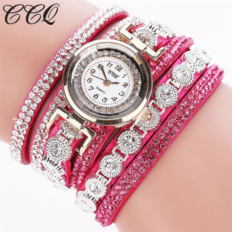 Ccq Mode Luxe Strass Pu Cuir Bande Femmes Quartz Bracelet Montre