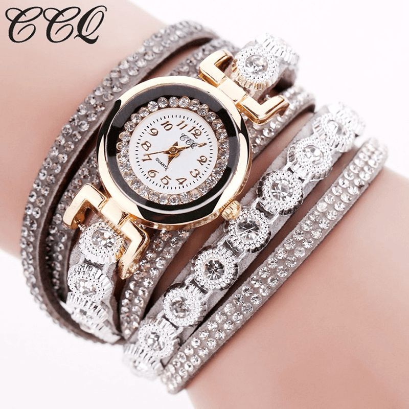 Ccq Mode Luxe Strass Pu Cuir Bande Femmes Quartz Bracelet Montre