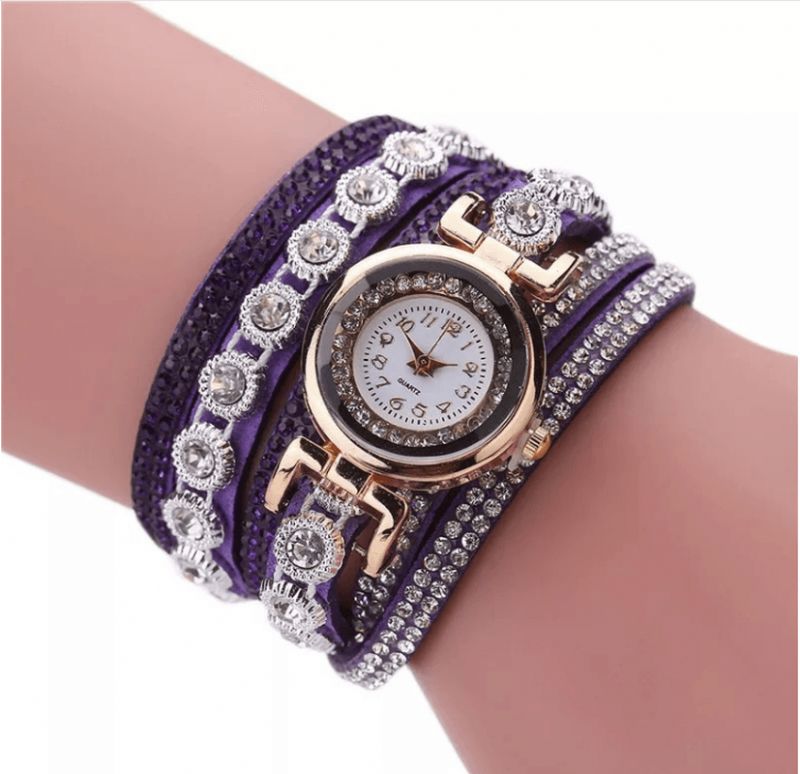 Ccq Mode Luxe Strass Pu Cuir Bande Femmes Quartz Bracelet Montre