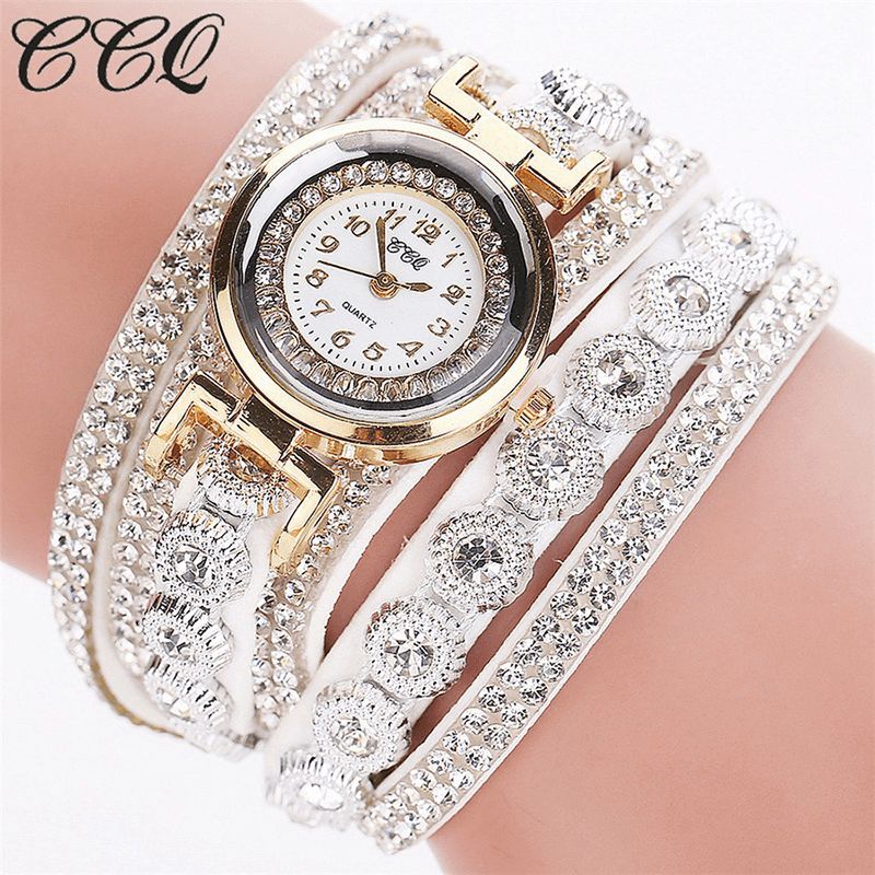 Ccq Mode Luxe Strass Pu Cuir Bande Femmes Quartz Bracelet Montre