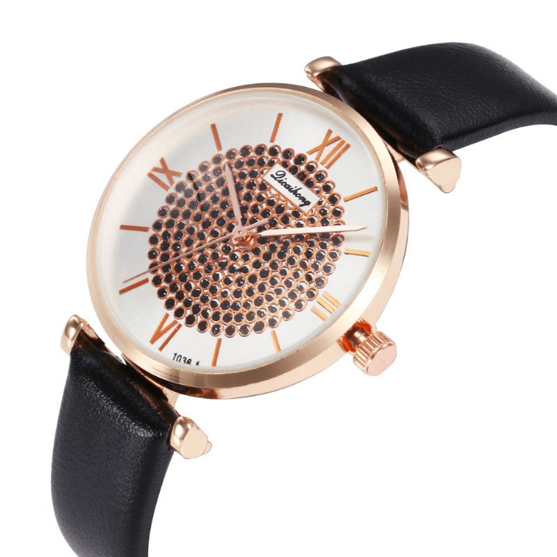 Chiffres Romains Cristal Design Élégant Dames Montre Bracelet En Cuir Montres À Quartz