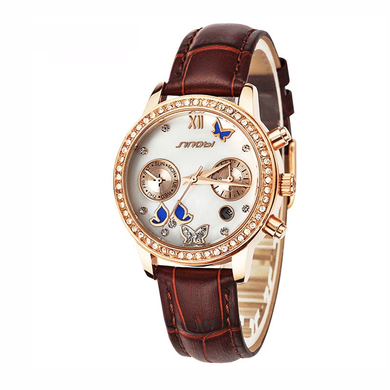 Cristal Cas Papillon Femmes Bracelet En Cuir Dames Robe Montre À Quartz