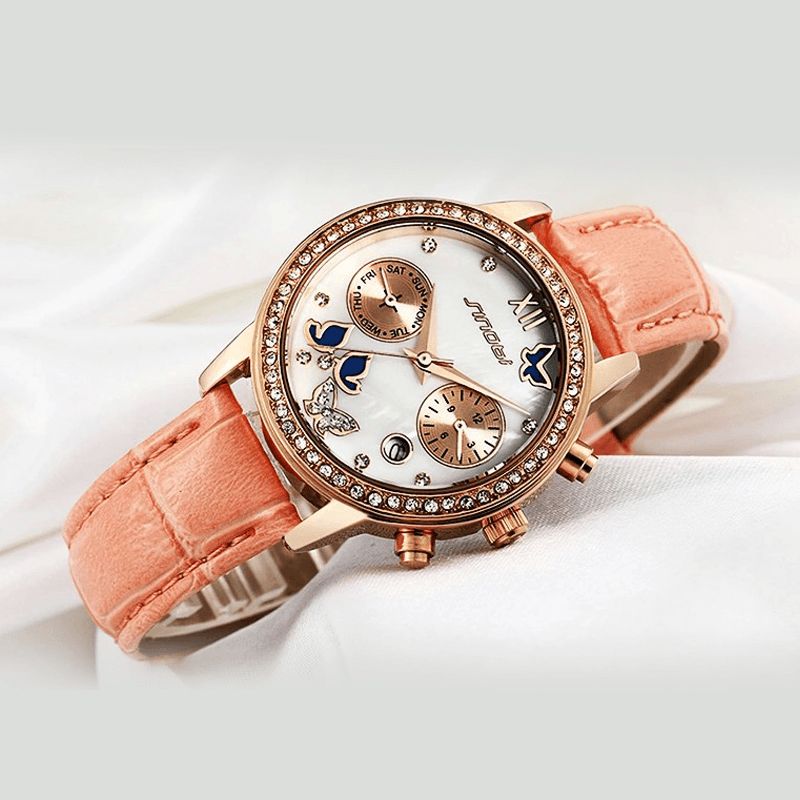 Cristal Cas Papillon Femmes Bracelet En Cuir Dames Robe Montre À Quartz