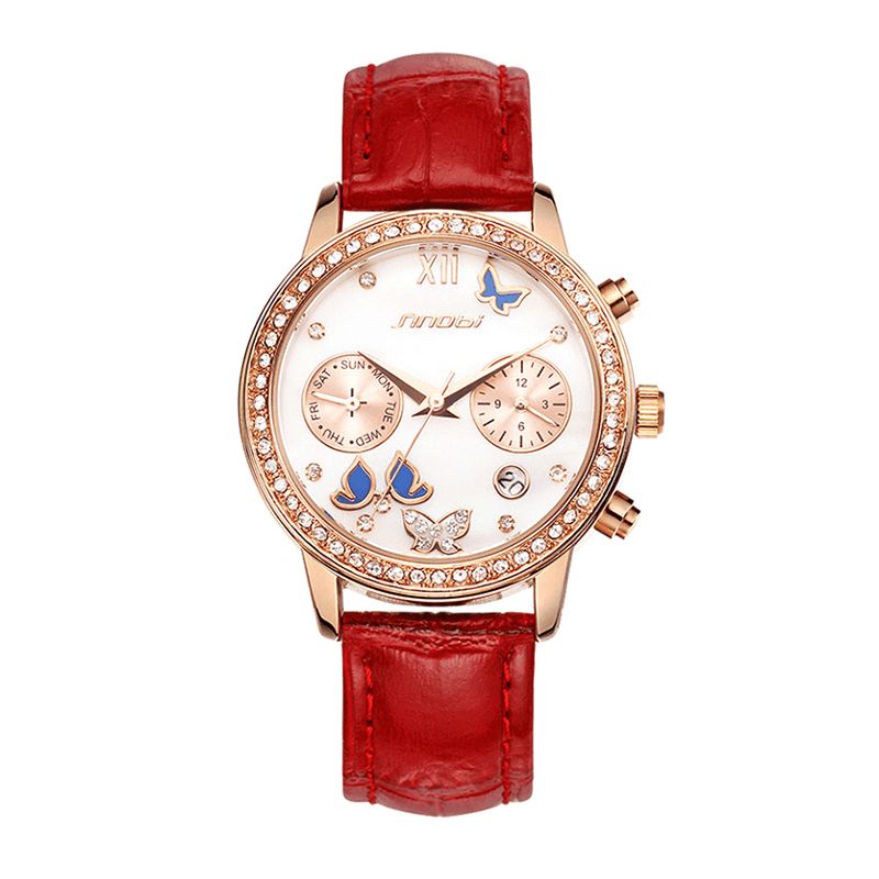 Cristal Cas Papillon Femmes Bracelet En Cuir Dames Robe Montre À Quartz