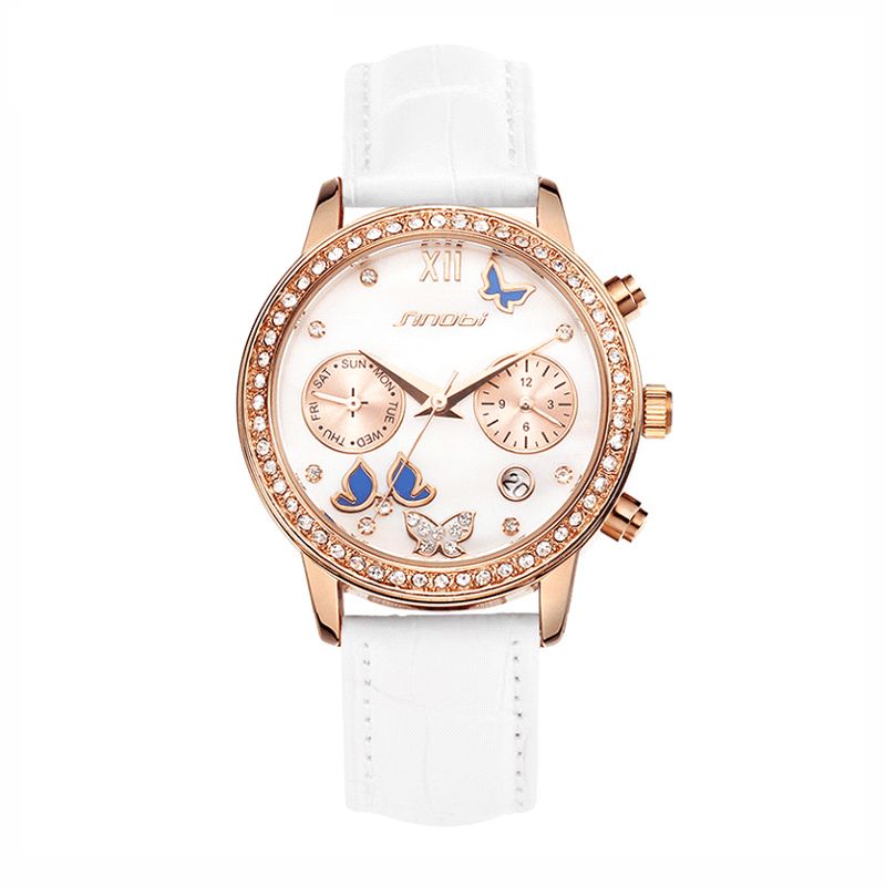 Cristal Cas Papillon Femmes Bracelet En Cuir Dames Robe Montre À Quartz