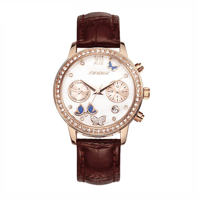 Cristal Cas Papillon Femmes Bracelet En Cuir Dames Robe Montre À Quartz