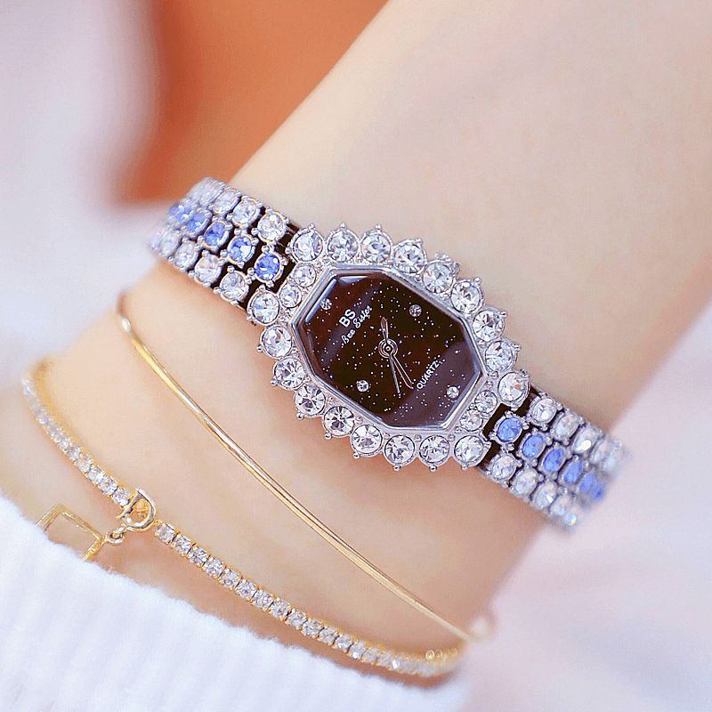 Cristal Femmes Bracelet Montre Diamants Rectangle Plein Acier Quartz Montre