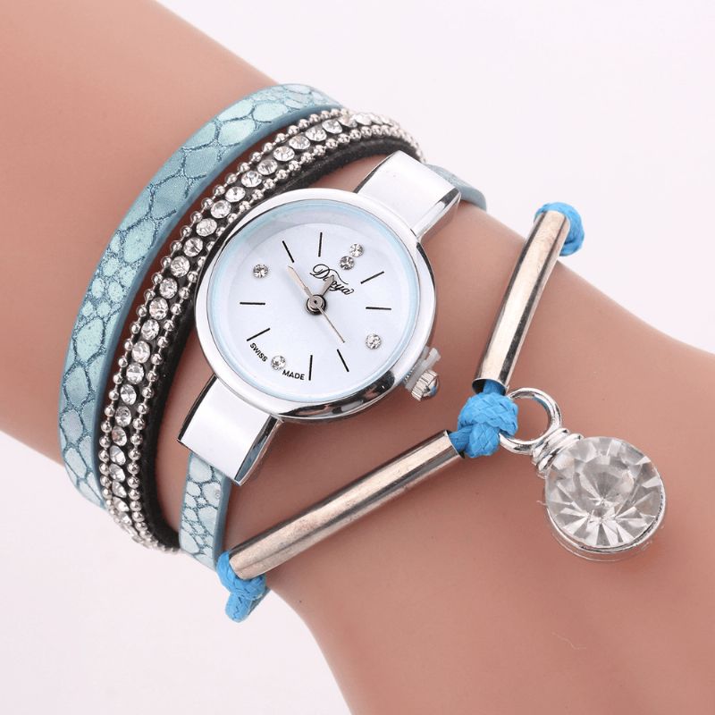 Cristal Pendentif Femmes Bracelet Montre Style Rétro Bracelet En Cuir Montre À Quartz