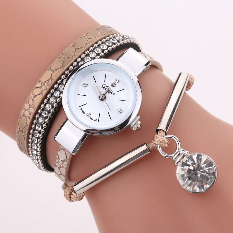 Cristal Pendentif Femmes Bracelet Montre Style Rétro Bracelet En Cuir Montre À Quartz