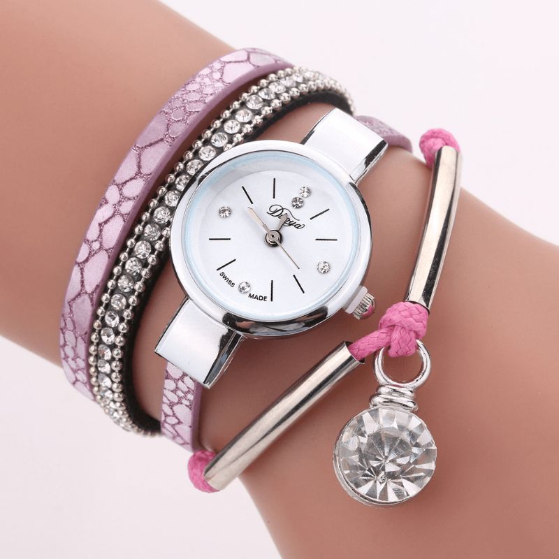 Cristal Pendentif Femmes Bracelet Montre Style Rétro Bracelet En Cuir Montre À Quartz