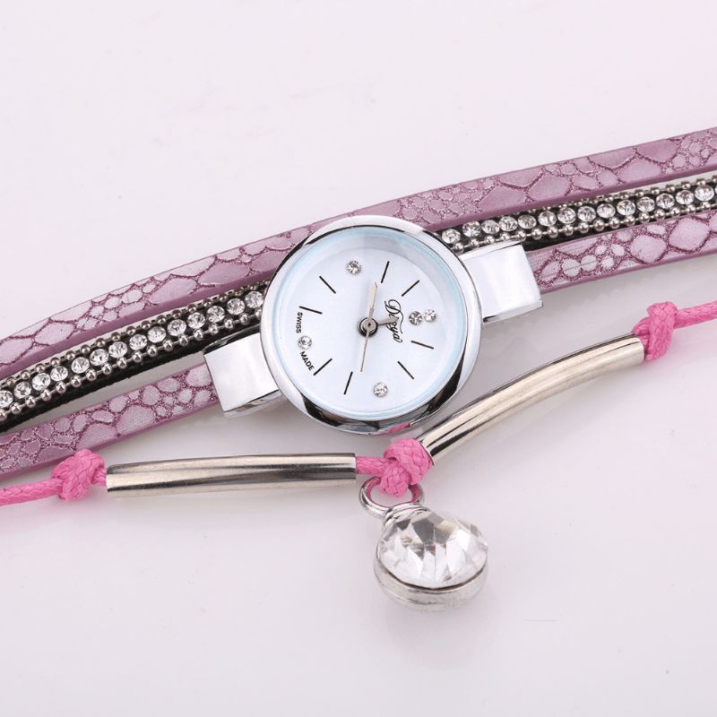 Cristal Pendentif Femmes Bracelet Montre Style Rétro Bracelet En Cuir Montre À Quartz