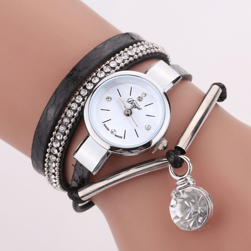 Cristal Pendentif Femmes Bracelet Montre Style Rétro Bracelet En Cuir Montre À Quartz