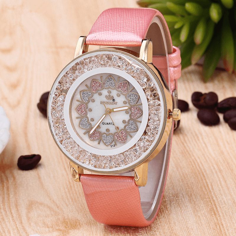 Crystal Shining Dress Ladies Montre Boîtier En Or Rose Bracelet En Cuir Montres À Quartz