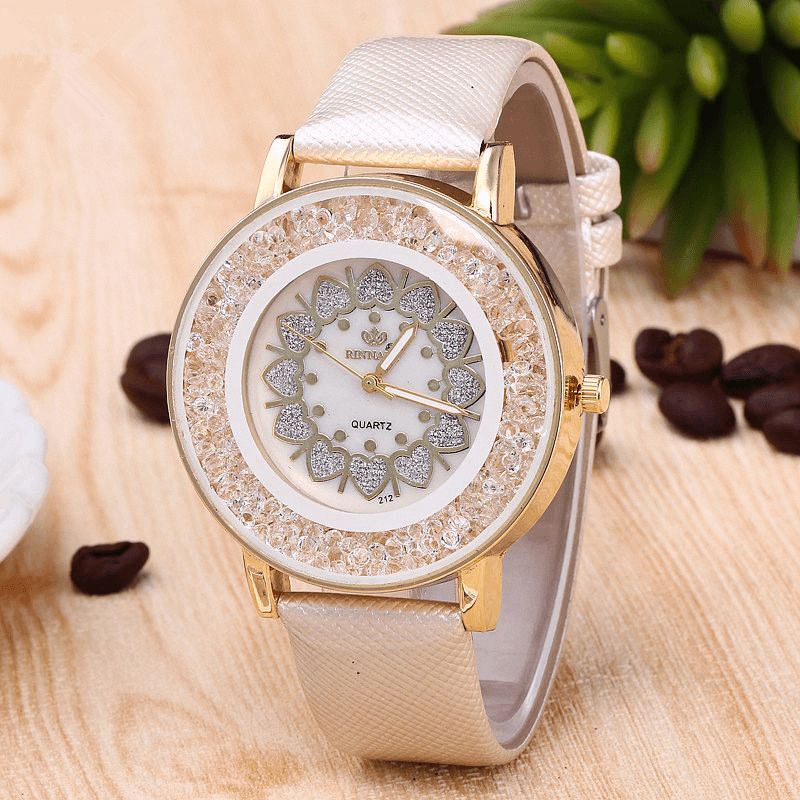 Crystal Shining Dress Ladies Montre Boîtier En Or Rose Bracelet En Cuir Montres À Quartz