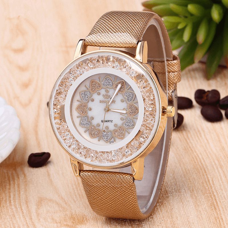 Crystal Shining Dress Ladies Montre Boîtier En Or Rose Bracelet En Cuir Montres À Quartz