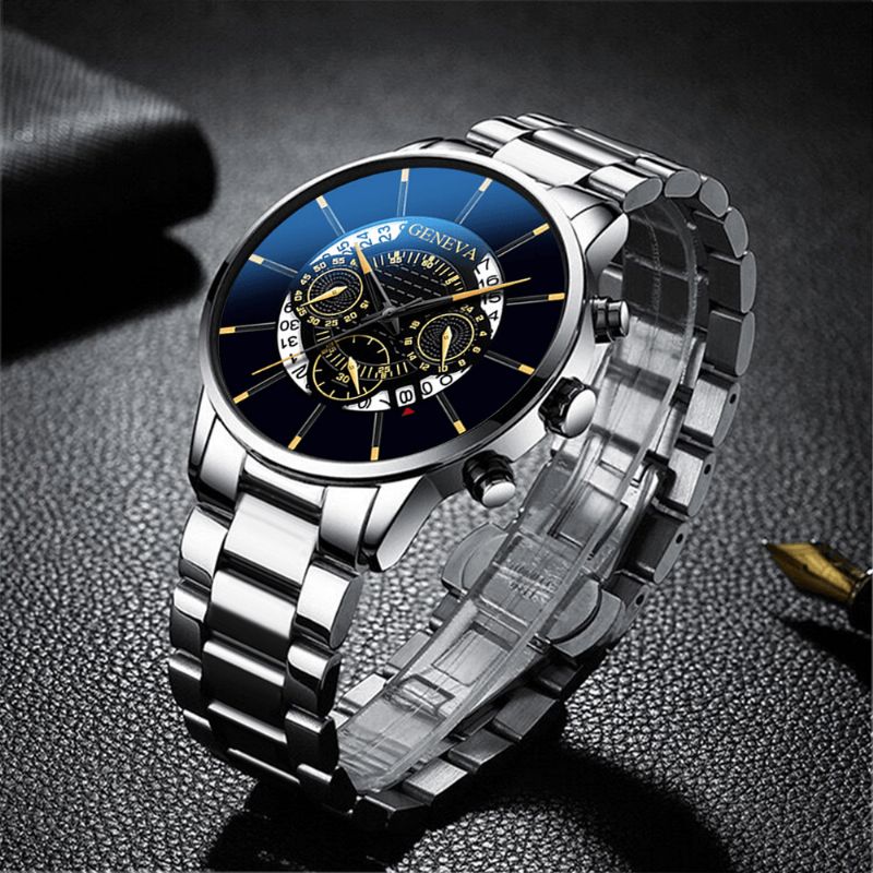 Décoré Pointeur Business Style Hommes Montre Calendrier En Acier Inoxydable Bande Montre À Quartz