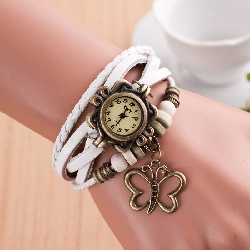 Dolaor Multicouche Vintage Femmes Montre Creux Papillon Pendentif En Cuir Rétro Bracelet Montre