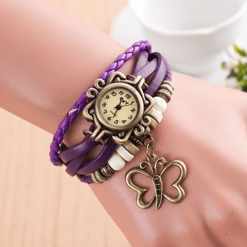 Dolaor Multicouche Vintage Femmes Montre Creux Papillon Pendentif En Cuir Rétro Bracelet Montre