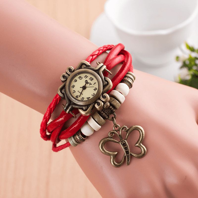 Dolaor Multicouche Vintage Femmes Montre Creux Papillon Pendentif En Cuir Rétro Bracelet Montre