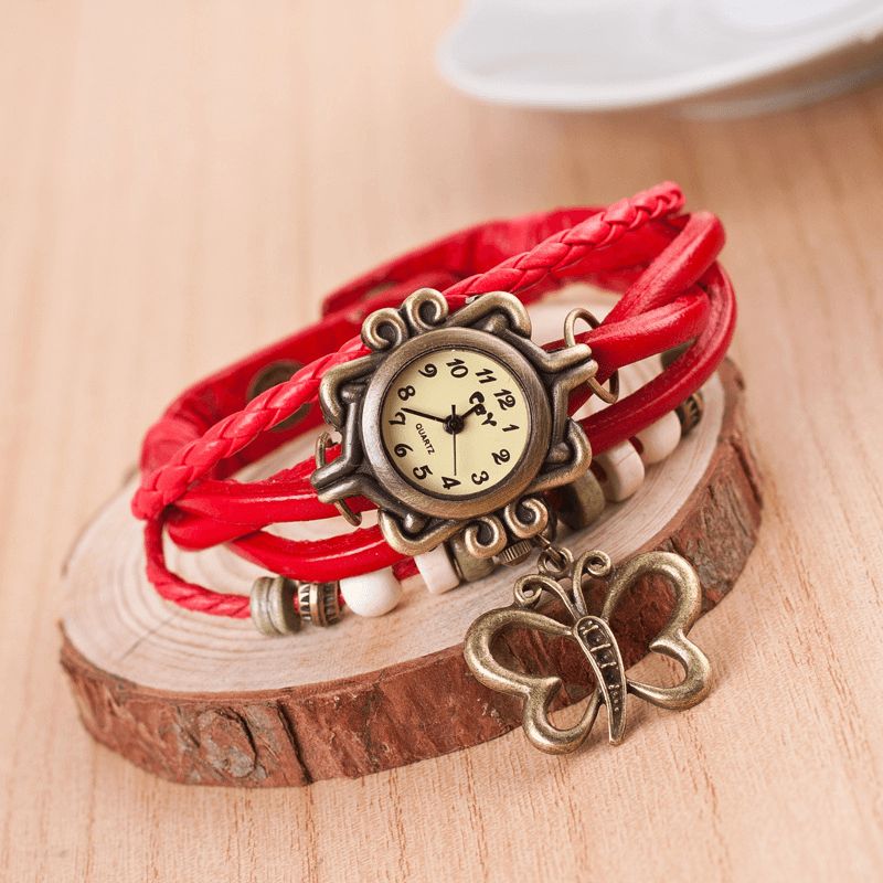 Dolaor Multicouche Vintage Femmes Montre Creux Papillon Pendentif En Cuir Rétro Bracelet Montre