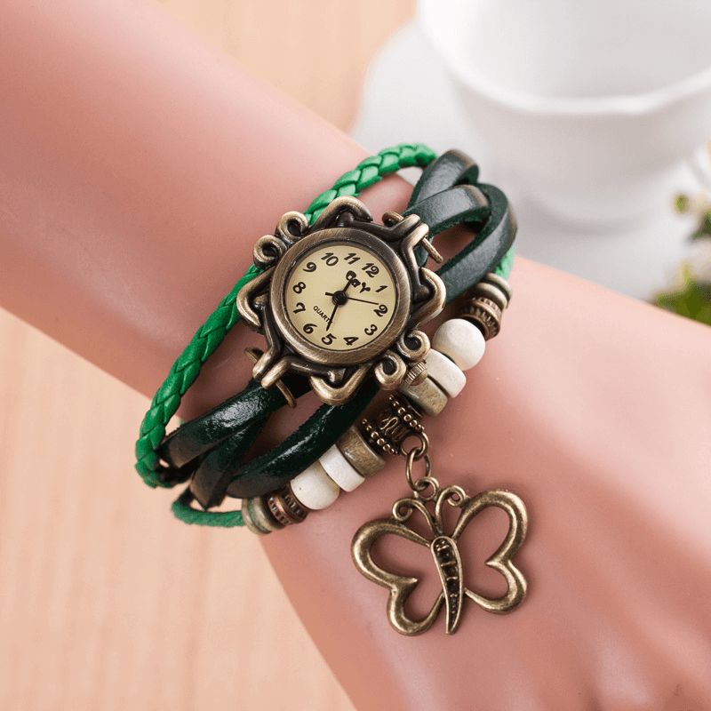 Dolaor Multicouche Vintage Femmes Montre Creux Papillon Pendentif En Cuir Rétro Bracelet Montre