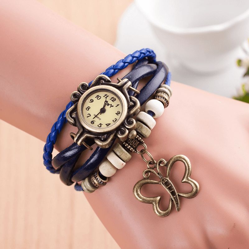 Dolaor Multicouche Vintage Femmes Montre Creux Papillon Pendentif En Cuir Rétro Bracelet Montre