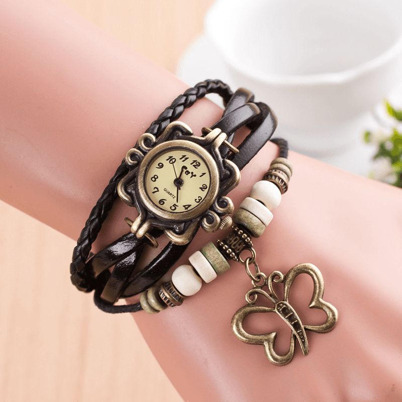 Dolaor Multicouche Vintage Femmes Montre Creux Papillon Pendentif En Cuir Rétro Bracelet Montre