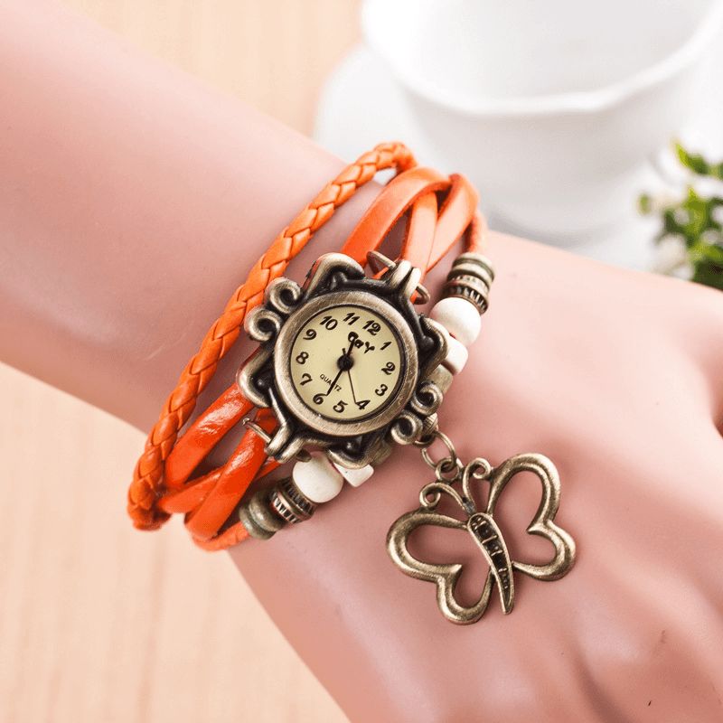 Dolaor Multicouche Vintage Femmes Montre Creux Papillon Pendentif En Cuir Rétro Bracelet Montre