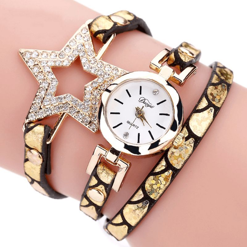 Duoya 328 Étoile À Cinq Branches Style Rétro Femmes Bracelet Montre Bracelet En Cuir Montre À Quartz