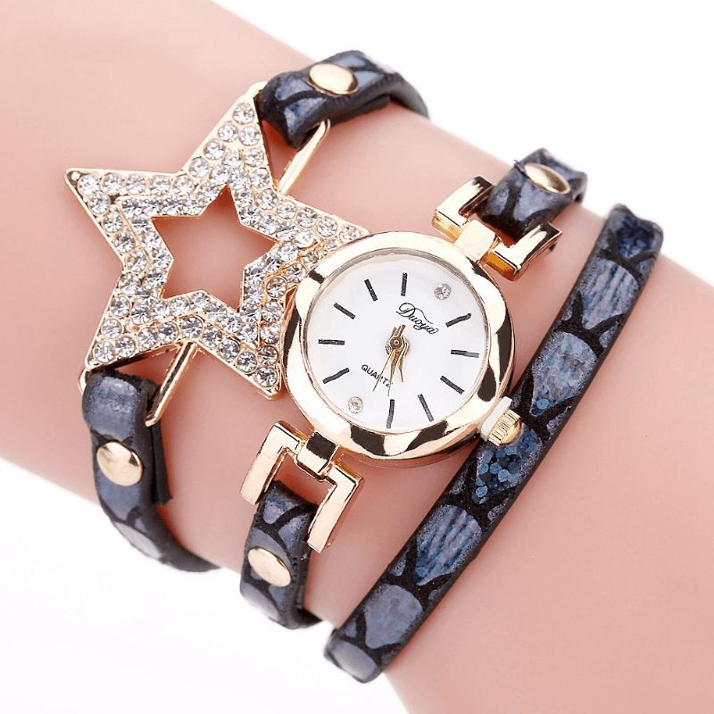 Duoya 328 Étoile À Cinq Branches Style Rétro Femmes Bracelet Montre Bracelet En Cuir Montre À Quartz