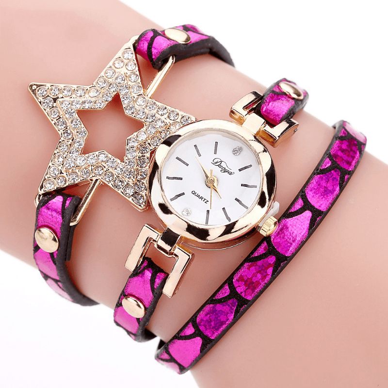 Duoya 328 Étoile À Cinq Branches Style Rétro Femmes Bracelet Montre Bracelet En Cuir Montre À Quartz