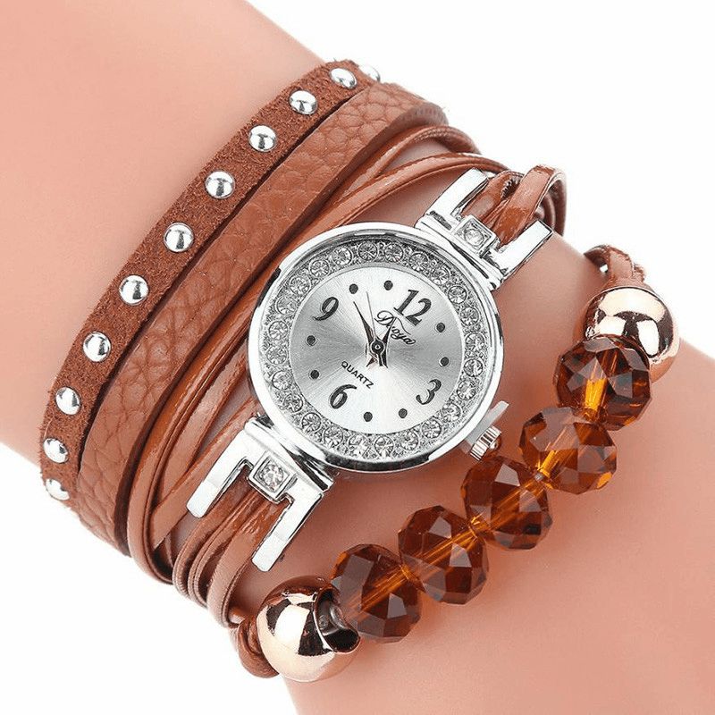 Duoya D214 Cristal Style Décontracté Femmes Bracelet Montre Cadeau Bracelet En Cuir Montre À Quartz